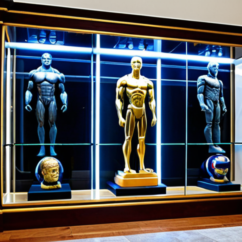 A professional-grade custom display cabinet showcasing a diverse collection of detailed collectible figures. The cabinet is constructed from polished dark wood and crystal-clear tempered glass panels, featuring integrated warm LED strip lighting that illuminates the figures from above and below each shelf. Various highly detailed action figures and resin statues are meticulously arranged on adjustable shelves, each figure in a natural pose, fully clothed in appropriate attire. A subtle mirrored back wall enhances the visual depth of the display. The setting is a clean, modern hobby room, emphasizing organization and a high-quality presentation. safe for work, appropriate content, fully clothed, professional, perfect anatomy, correct proportions, natural body proportions, well-formed hands, proper finger count.