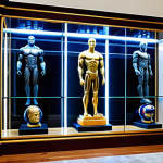 A professional-grade custom display cabinet showcasing a diverse collection of detailed collectible figures. The cabinet is constructed from polished dark wood and crystal-clear tempered glass panels, featuring integrated warm LED strip lighting that illuminates the figures from above and below each shelf. Various highly detailed action figures and resin statues are meticulously arranged on adjustable shelves, each figure in a natural pose, fully clothed in appropriate attire. A subtle mirrored back wall enhances the visual depth of the display. The setting is a clean, modern hobby room, emphasizing organization and a high-quality presentation. safe for work, appropriate content, fully clothed, professional, perfect anatomy, correct proportions, natural body proportions, well-formed hands, proper finger count.