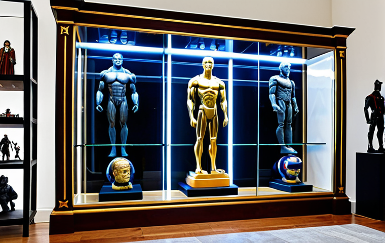 A professional-grade custom display cabinet showcasing a diverse collection of detailed collectible figures. The cabinet is constructed from polished dark wood and crystal-clear tempered glass panels, featuring integrated warm LED strip lighting that illuminates the figures from above and below each shelf. Various highly detailed action figures and resin statues are meticulously arranged on adjustable shelves, each figure in a natural pose, fully clothed in appropriate attire. A subtle mirrored back wall enhances the visual depth of the display. The setting is a clean, modern hobby room, emphasizing organization and a high-quality presentation. safe for work, appropriate content, fully clothed, professional, perfect anatomy, correct proportions, natural body proportions, well-formed hands, proper finger count.