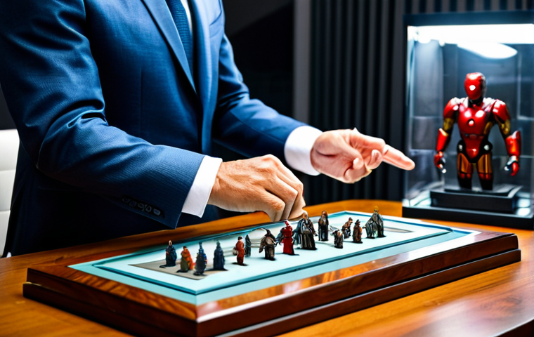A professional collector's hands, fully clothed in a modest business suit, carefully examining a highly detailed, premium action figure on a polished wooden desk. The action figure, an iconic sci-fi character in pristine, mint condition, showcases exceptional quality of manufacturing and intricate details. In the soft-lit background, high-end display cases reveal a curated collection of other valuable figures, emphasizing the dedication to collecting. Professional photography, high resolution, realistic, perfect anatomy, correct proportions, natural pose, well-formed hands, proper finger count, natural body proportions, safe for work, appropriate content, fully clothed, professional, family-friendly.
