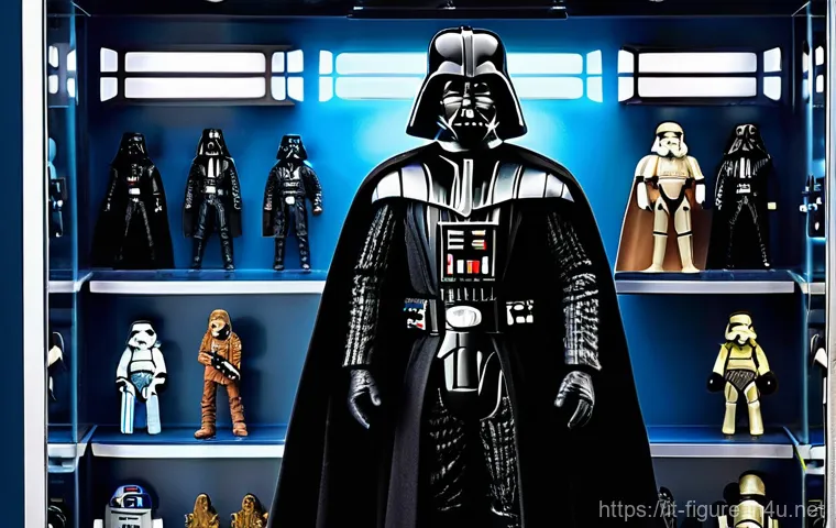 스타워즈 피규어 수집 가이드 - A meticulously arranged display cabinet showcasing the evolution of Star Wars action figures. On one...