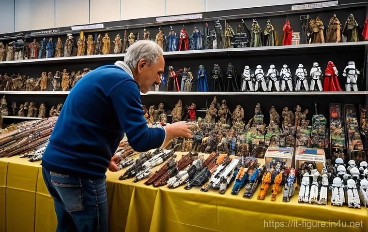스타워즈 피규어 수집 가이드 - A meticulously arranged display cabinet showcasing the evolution of Star Wars action figures. On one...