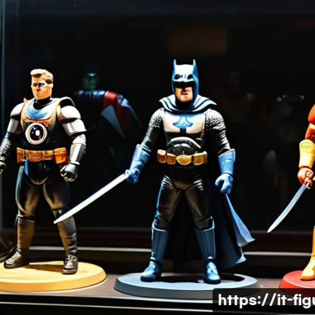 피규어 박물관 투어 가이드 - A detailed museum exhibit showcasing vintage action figures from the 1960s to 1980s, displayed in gl...