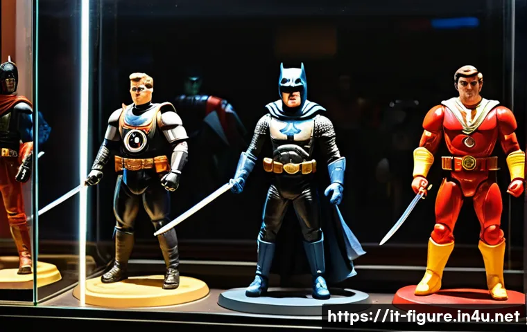 피규어 박물관 투어 가이드 - A detailed museum exhibit showcasing vintage action figures from the 1960s to 1980s, displayed in gl...