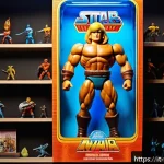 Home 21 레트로 피규어의 매력 - A detailed close-up of a vintage 1980s He-Man action figure displayed in a glass UV-protected case w...