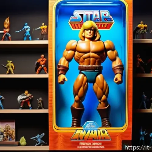 Home 33 레트로 피규어의 매력 - A detailed close-up of a vintage 1980s He-Man action figure displayed in a glass UV-protected case w...