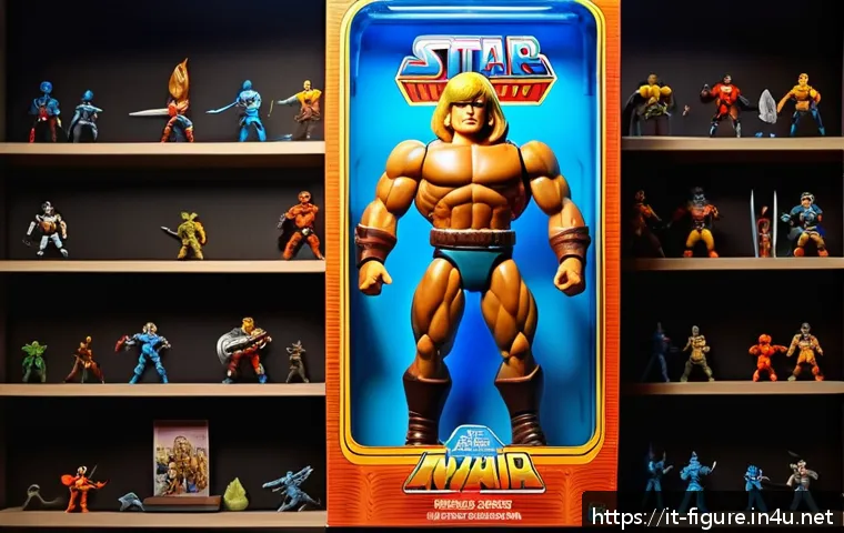 레트로 피규어의 매력 - A detailed close-up of a vintage 1980s He-Man action figure displayed in a glass UV-protected case w...