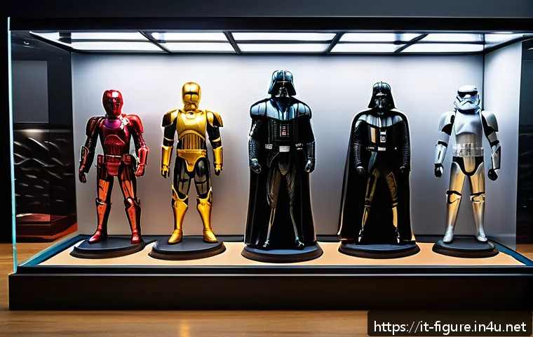 피규어 투자 가치 분석 - A highly detailed image of a collector&rsquo;s display shelf featuring authentic limited-edition collectib...